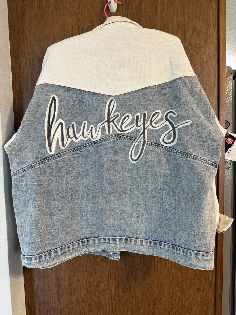 Denim & White colorblock jean jacket 1x hand-painted hawkeyes Football Iowa PLUS